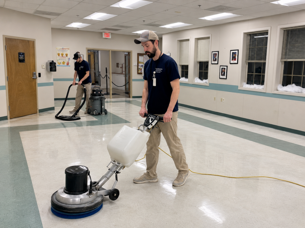 A professional floor cleaner polishes the office hallway